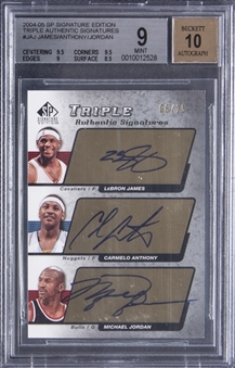 2004-05 Upper Deck SP "Signature Edition" #JAJ LeBron James/Carmelo Anthony/Michael Jordan Signed Card (#06/25) - BGS MINT 9/BGS 10